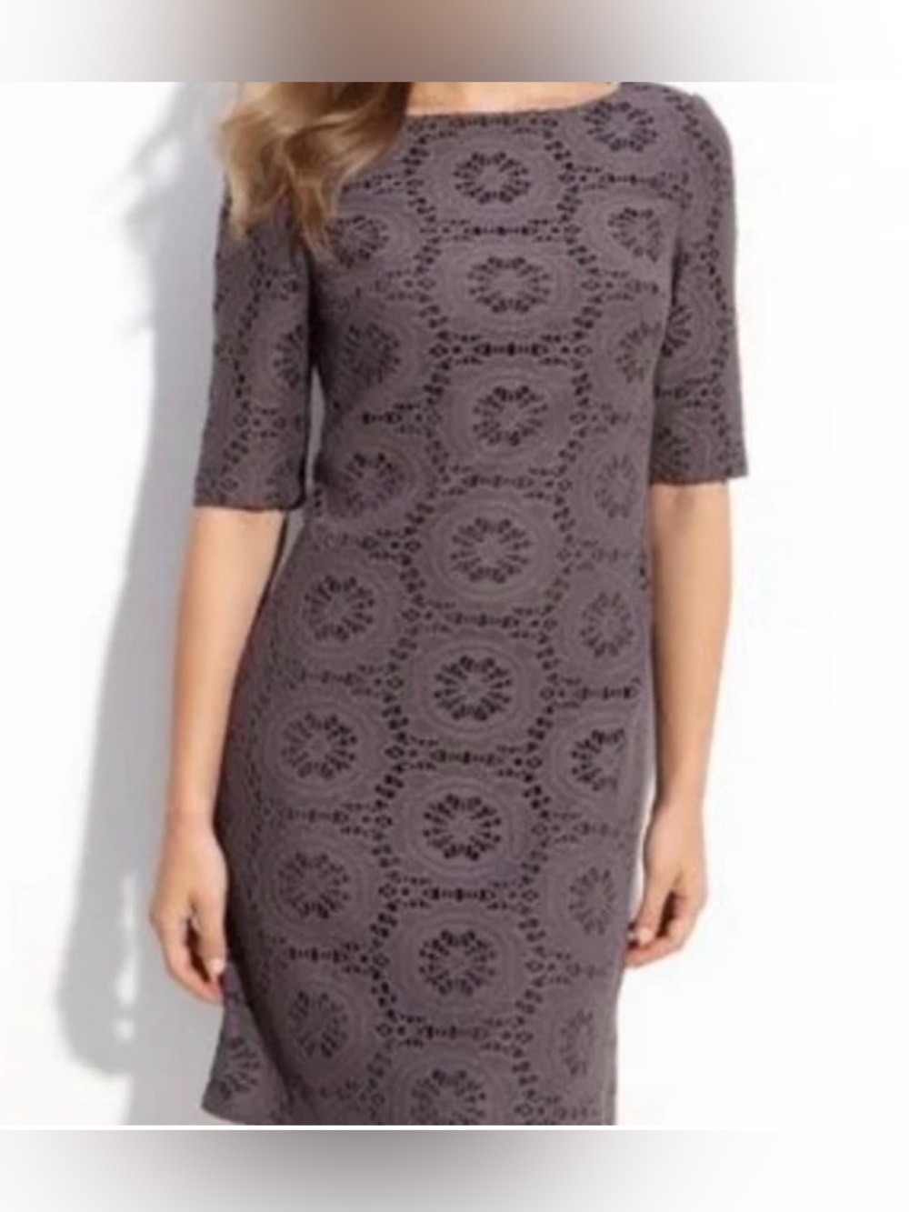 Adrianna Papell Gray Crochet/Lace Short Sleeve Lined Sheath Dress Size 10P
